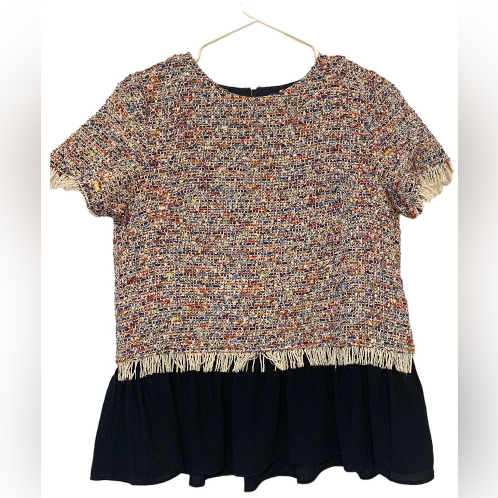 Jade Melody Tam Women Multi Color Tweed Peplum Blouse Sz S Career Date night